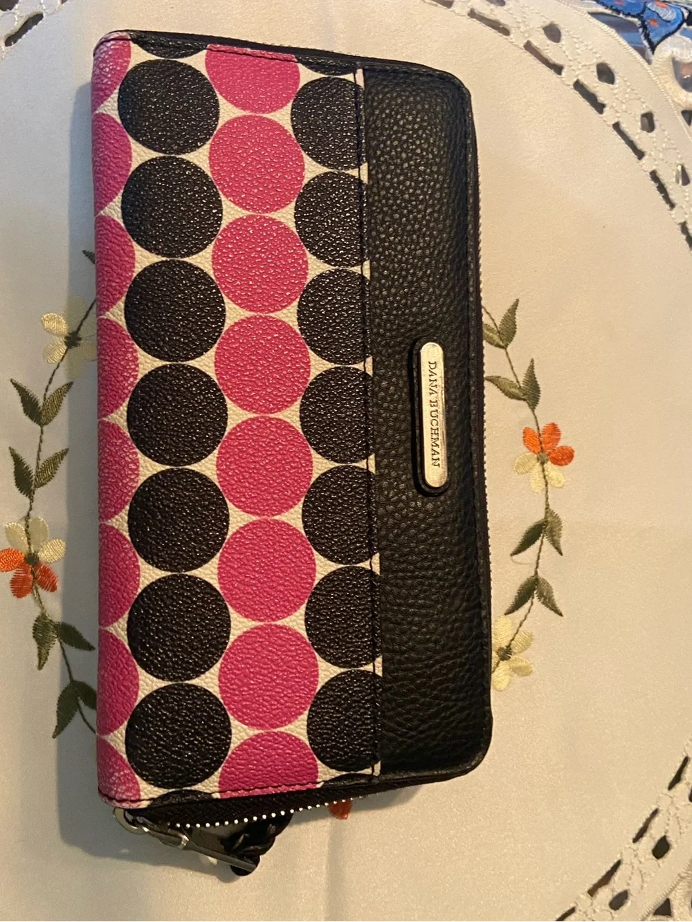 Dana Buchman Pink and Black Polka Dot Zip Wallet